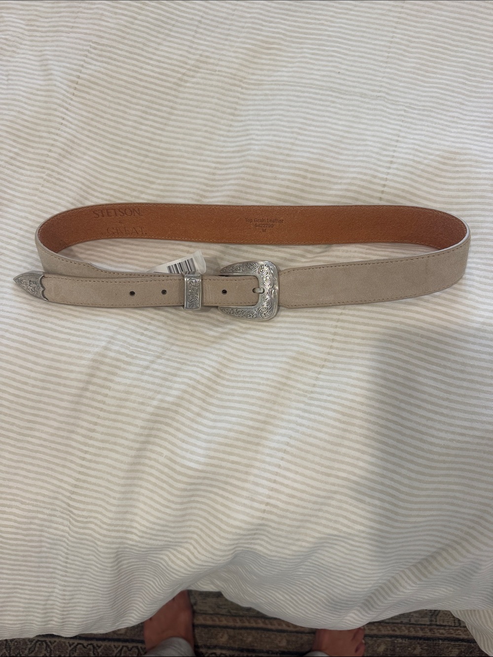 Stetson x The Great Taupe Suede Belt with Silver Western Buckles